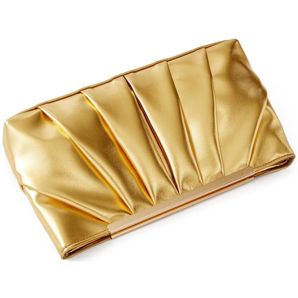 7846 Gold Clutch Purse Elegant Pleated Formal Handbag Classy Evening Bag - Picture 3 of 5